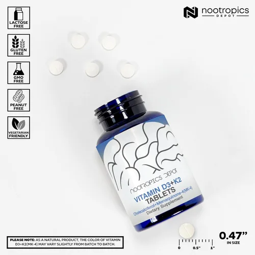 Miniatura 3 de Nootropics Depot Vitamina D3 + K2 con tabletas de vitamina C 60 unidades Colecalciferol + Menaquinona-4 (MK-4) Salud del estado de ánimo