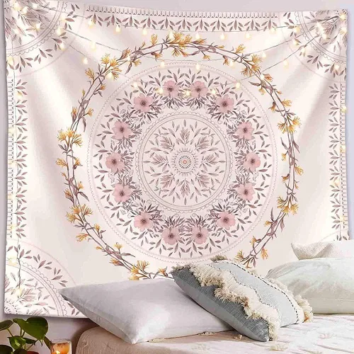 Tapiz bohemio naranja para colgar en la pared, medallón floral de mandala, tapiz hippie con diseño de corona estética marrón claro, manta de Crema