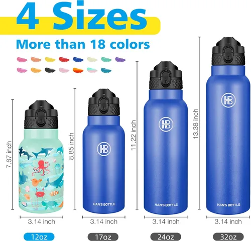 Miniatura 2 de Han's Bottle Botella de agua para niños con tapa con pajilla, vaso reutilizable de acero inoxidable aislado para niñas, niños, taza térmica, 12 Pez