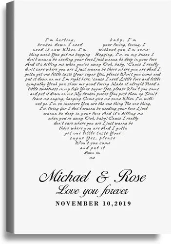Canción Personalizada en Lienzo de Arte en Forma de Corazón/Impresiones Fotográficas Sin Marco/Enmarcadas, Nombres de la Pareja y Mensaje de Fecha