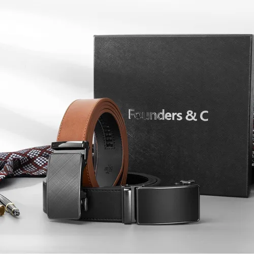 Miniatura 3 de Founders & C Cinturón para hombre, 2 unidades, vestido de cuero con trinquete con hebilla deslizante de 1 38 pulgadas en caja de regalo