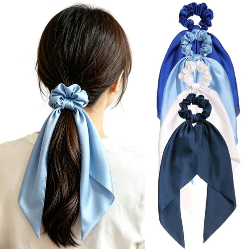 Miniatura 34 de Coleteros para el cabello para mujer, bufanda LFOUVRE Scrunchies, 2 piezas de bufandas anudadas para niñas, bufanda de satén sedoso, banda elástica