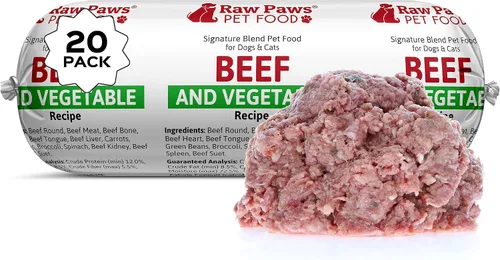 Raw Paws Signature Blend Alimento para mascotas para perros y gatos, receta de carne de res y verduras, rollos de 1 libra (paquete de 20) – Alimento