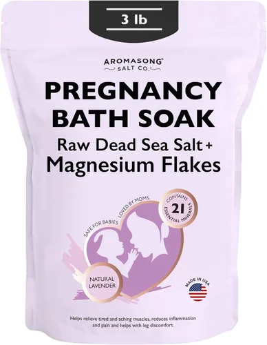 Aromasong Baño de embarazo remojo de 3 libras – 100% escamas de magnesio puro con 21 minerales esenciales del mar muerto y lavanda natural, mejor