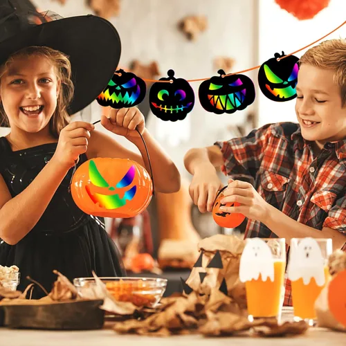 Miniatura 6 de JULMELON Kit de manualidades de papel para rascar de Halloween, 48 piezas a granel de calabazas de Halloween, arco iris mágico, arte para rascar