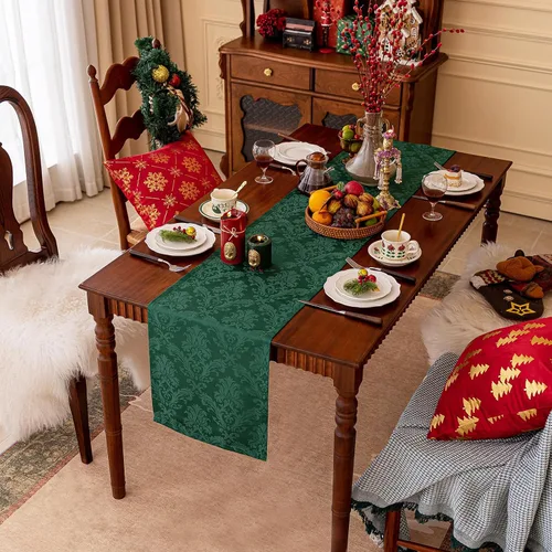 Miniatura 2 de Joyfol Day Camino de mesa de Navidad verde de jacquard, camino de mesa floral damasquino impermeable para fiesta de invierno de Navidad, decoración