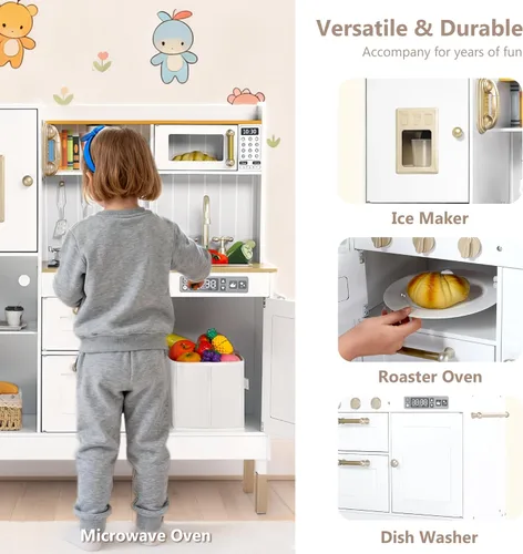 Miniatura 5 de Kinder King Cocina de madera para niños, juego de cocina para niños pequeños, juego de juguetes de cocina con sonidos reales, horno microondas