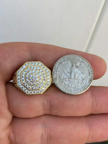 Miniatura 8 de Men's Real Solid 925 Sterling Silver Octagonal Hip Hop Ring - 14k Gold Plated - Super Iced Large Flooded Out Pinky Ring - Sz 7-13
