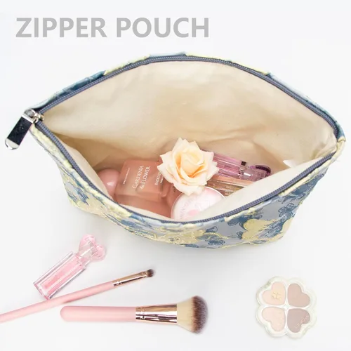 Miniatura 3 de Pazimiik Bolsa de maquillaje floral, grande, de algodón, con cremallera para bolsa de viaje, organizador de maquillaje de lona para mujeres