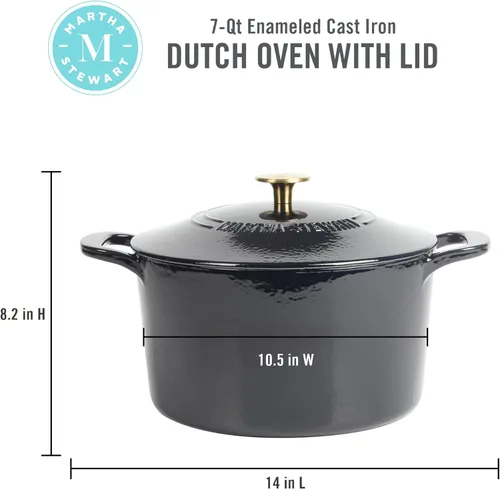 Miniatura 2 de MARTHA STEWART Gatwick - Olla holandesa de hierro fundido esmaltado de 7 cuartos de galón con tapa, color azul marino con perilla dorada, horno