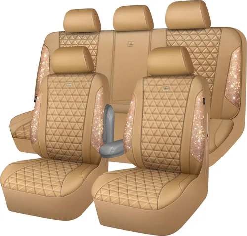 Miniatura 31 de CAR PASS Fundas de asiento de automóvil de cuero con diamantes brillantes, juego de asientos interiores de asientos completos, impermeable, Plateado