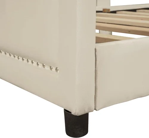 Miniatura 7 de Quarte Sofá cama tapizado de tamaño individual con cabecero clásico en forma de rayas, bonita cama de plataforma para niños y niñas