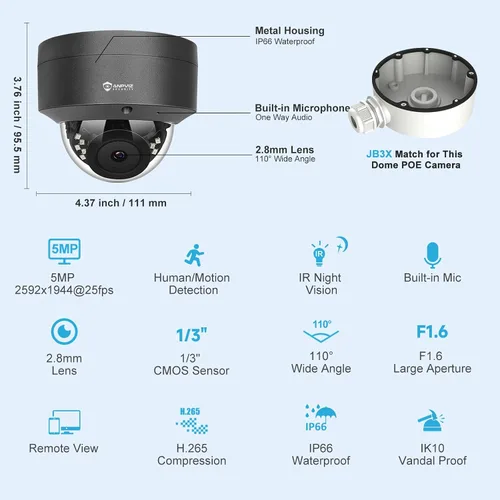 Miniatura 9 de Anpviz Cámara PoE de 5 MP, cámara IP PoE de seguridad para vandalismo al aire libre con audio, visión nocturna de 98 pies, H.265, grabación 24/7 Gris