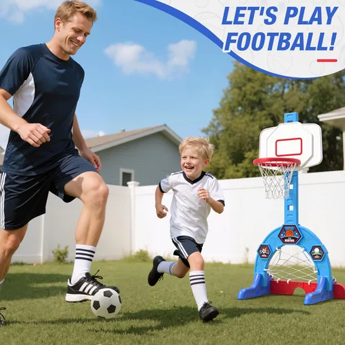 Miniatura 8 de HYES Aro de baloncesto para niños pequeños, centro de actividades deportivas 3 en 1 con portería de fútbol, juego de golf, aro de baloncesto