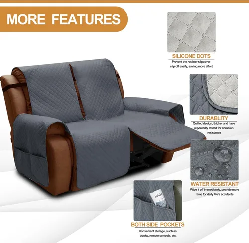 Miniatura 2 de XINEAGE Funda reclinable resistente al agua, fundas de loveseat reclinable de 2 asientos con bolsillos, funda protectora acolchada gruesa para Gris