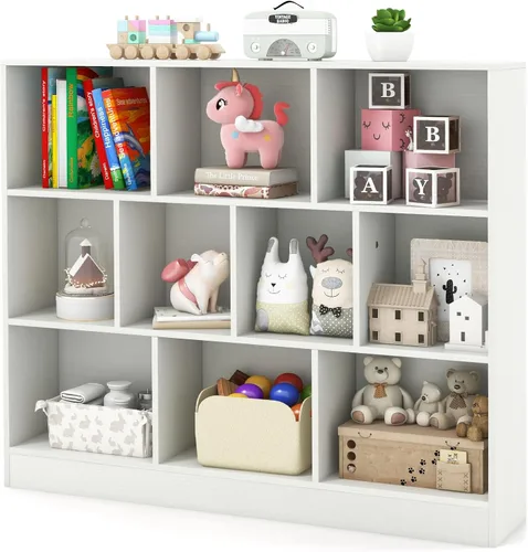 Miniatura 11 de HONEY JOY Organizador de almacenamiento de juguetes para niños, gabinete de almacenamiento de piso de madera de 10 secciones, baúl de juguetes