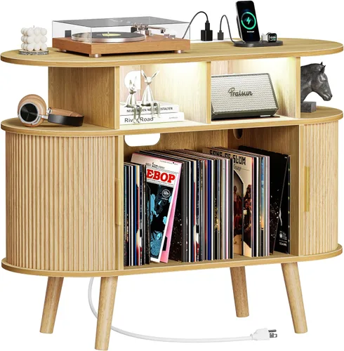 PRAISUN Soporte para tocadiscos de 35.4 pulgadas con tomas de corriente y luces de 3 colores, soporte para discos de vinilo con 2 gabinetes
