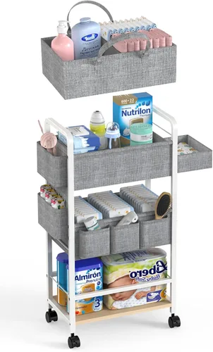 Miniatura 10 de LIDTOP Carrito de pañales 2 en 1 y carrito de pañales rodante de 3 niveles, carrito organizador de pañales con divisores, carrito móvil de metal