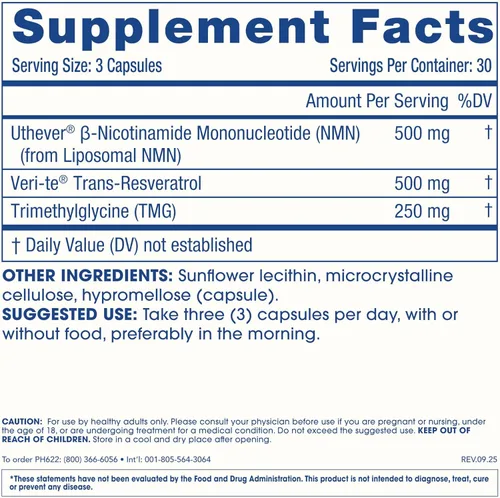 Miniatura 6 de Liposomal NMN Pro Complete (90 Cápsulas) - Liposomal Uthever NMN, Trans-Resveratrol, TMG