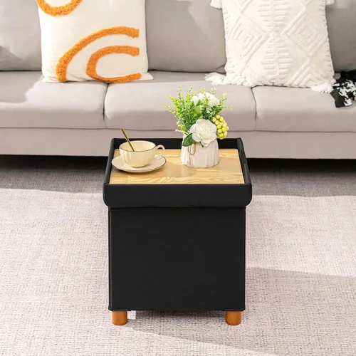 Miniatura 2 de B FSOBEIIALEO Otomana de almacenamiento con bandeja, taburetes de pies y otomanas con patas, cubo de almacenamiento, asiento de lino negro de 15