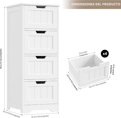 Miniatura 3 de FOTOSOK Armario de almacenamiento para baño, armario de baño con 4 cajones, 11.8 x 11.8 x 32.5 pulgadas, armario de entrada independiente, unidad