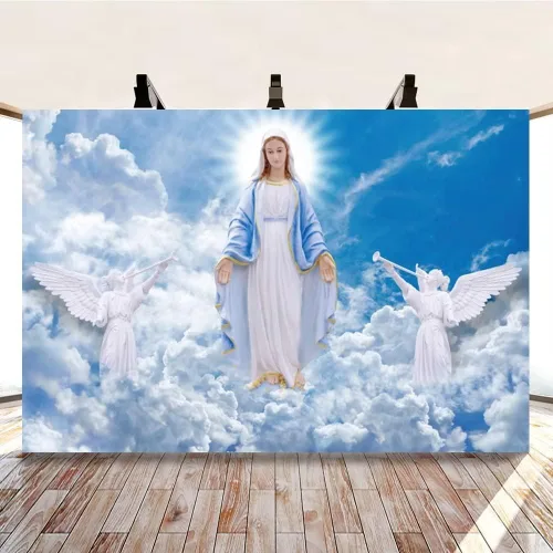 Telón de fondo de poliéster de 6 x 4 pies, Dios bendiga a la Virgen María y Ángel, para el cielo, la primera comunión, bautismo, Pascua, fondo
