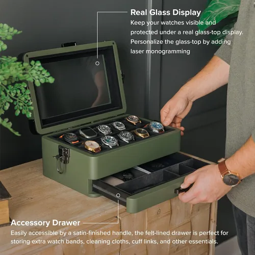 Miniatura 15 de CASE ELEGANCE Black Edition - Caja de reloj militar con 10 ranuras para hombres, parte superior de cristal real, bandeja modular de valet