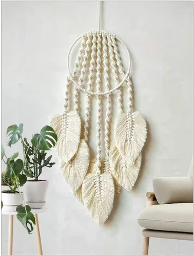 Miniatura 3 de Tapiz de macramé tejido de algodón, atrapasueños, tejido a mano con borlas de plumas, adorno para manualidades, dormitorio, sala de estar, Beige