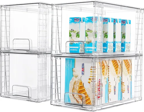 Vtopmart Paquete de 4 cajones grandes apilables de almacenamiento de despensa de cocina, contenedores organizadores transparentes con asas,