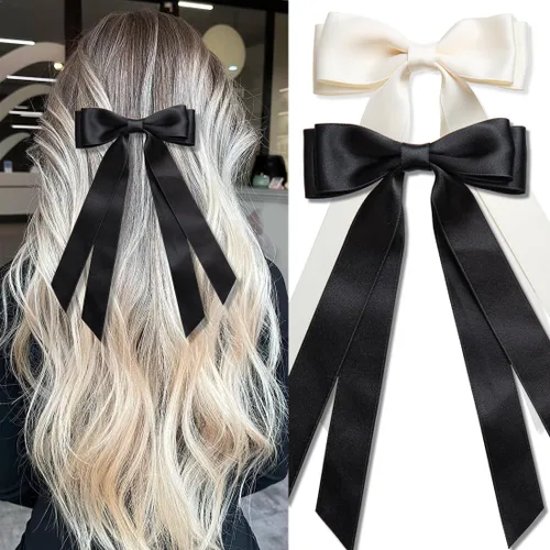 Miniatura 15 de Seneeel Lazos para el cabello, 2 piezas grandes de lazo doble para mujer, negro, blanco