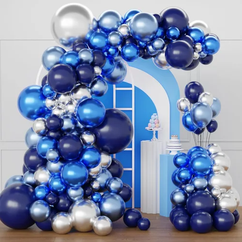 Kit de arco de globos azules y plateados, 129 globos azul marino metálico de diferentes tamaños para decoraciones de fiestas de cumpleaños,