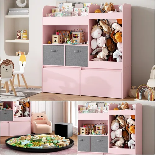 Miniatura 6 de Soporte para animales de peluche, estantería para niños con tapete de juego, almacenamiento de juguetes de madera con 2 cajones móviles y estantería