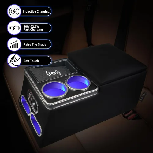 Miniatura 4 de Organizador de consola central universal mejorado con soporte de carga inductiva, carga rápida, portavasos y soporte para teléfono para automóvil