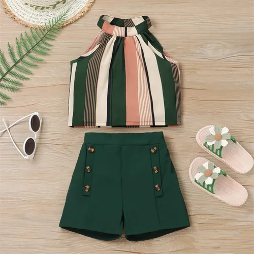 Miniatura 2 de Conjunto de pantalones cortos sin mangas a rayas coloridas para niñas y niñas pequeñas