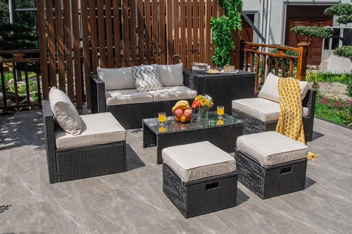 Miniatura 22 de Tangkula Patiojoy - Juego de muebles de patio de 8 piezas, sofá seccional de ratán PE para 6 personas con funda impermeable, para jardín, cubierta
