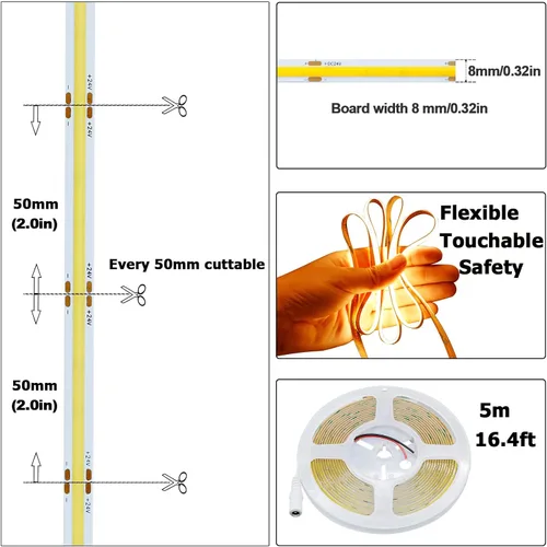 Miniatura 3 de Tira de Luces LED COB de 24V Blanco Cálido 3000K 5M/16.4ft 2400LEDs 4500Lm Brillo Uniforme CRI 93+ Flexible IP20 No Impermeable Luces de Cinta LED