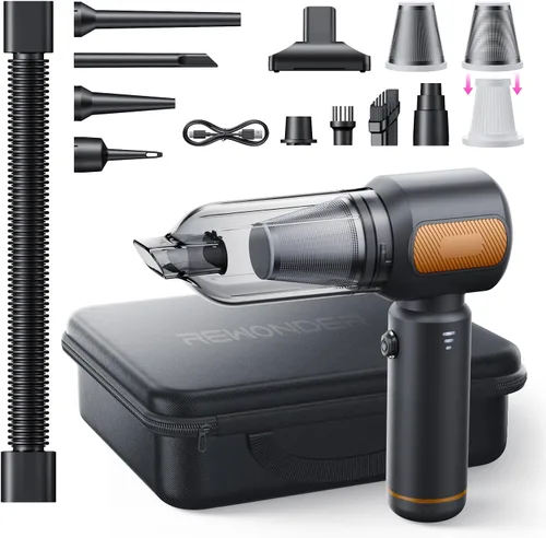 REWONDER Aspiradora de coche de alta potencia, aspiradora de 22000 Pa y plumero de aire de 110000 RPM, aspiradora de mano con batería de 7800 mAh,