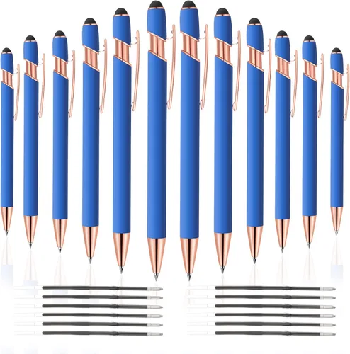 12 PCS Bolígrafos 2 en 1 con Punta Stylus, Bolígrafo de Metal con Tinta Negra de 1.0 mm, Stylus para Pantallas Táctiles (Oro Rosa y Azul Claro)