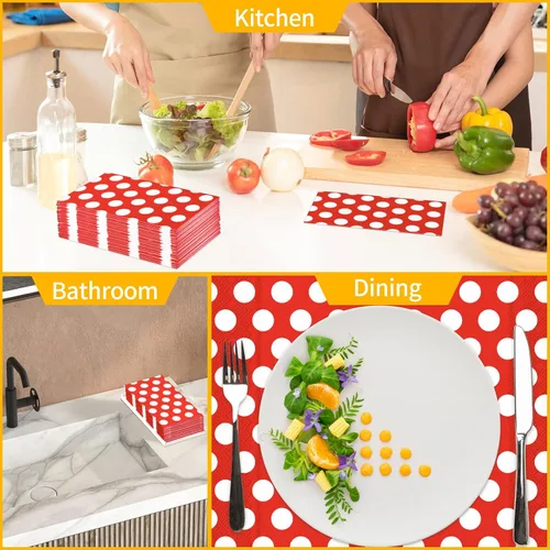 Miniatura 4 de DYLIVeS Paquete de 100 servilletas de toalla de invitados de lunares rojos y blancos, servilletas desechables rojas para cena, toallas de mano