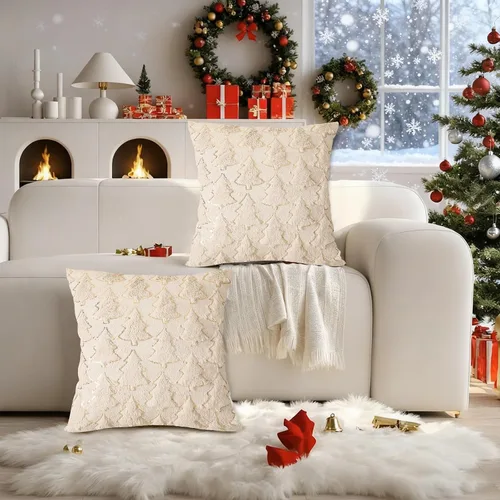 Miniatura 3 de Juego de 2 fundas de almohada de Navidad de 18 x 18 pulgadas, fundas de almohada beige con patrón de árbol de Navidad, fundas de cojín de piel