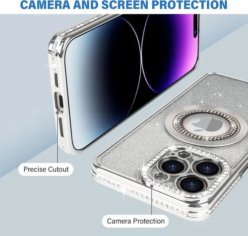 Miniatura 4 de Losin Funda magnética compatible con iPhone 15 Pro Max con purpurina compatible con MagSafe Funda de lujo con diamantes de imitación con logotipo