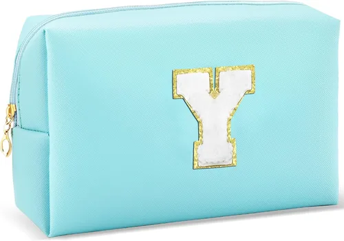 Miniatura 23 de URSKYTOUS Regalos para niñas, bolsa de maquillaje con inicial, bolsa de cosméticos personalizada con cremallera, bonita bolsa de aseo de viaje, Azul