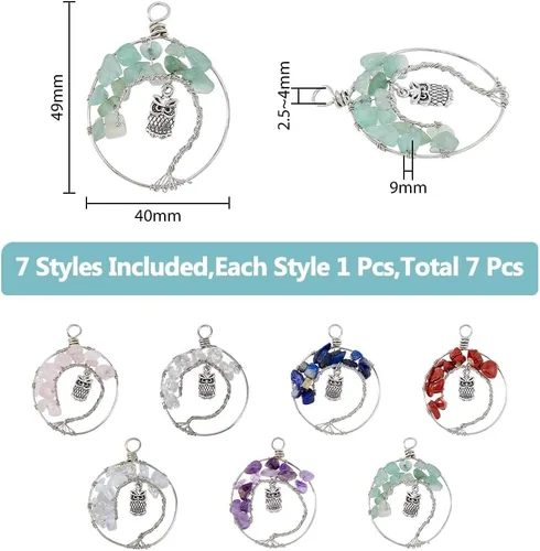 Miniatura 2 de SUPERFINDINGS Dijes colgantes de aleación, colgante de árbol de la vida, alambre de cobre, colgante de cuentas de piedras preciosas de cristal