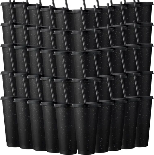 Miniatura 24 de Honeydak Paquete de 60 vasos con popote y tapa, vasos a granel para regalos, tazas de café de plástico con purpurina de 24 a 27 onzas, botella