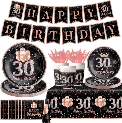 142 piezas de vajilla de 30 cumpleaños para mujer, suministros de fiesta de cumpleaños de 30 años de color oro rosa para ella, mantel desechable, 30