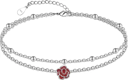 Miniatura 31 de CHIC & ARTSY Tobilleras delicadas de plata de ley S925 para verano, pulsera de tobillo ajustable multicapa para playa, joyería de pie para mujer