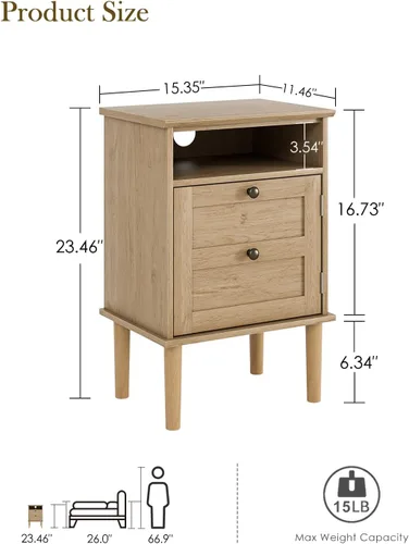 Miniatura 2 de Mesita de noche, mesita de noche bohemia con 1 cajón, mesa auxiliar moderna con estante abierto, mesa auxiliar de noche de madera para dormitorio