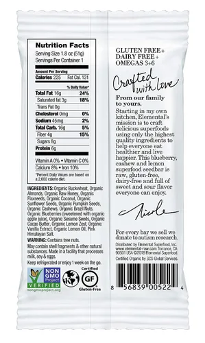 Miniatura 2 de Elemental Superfood Seedbars - Limón de anacardo y arándano, 1.8 onzas, paquete de 12, 100% orgánico certificado, verificado sin OMG, sin gluten
