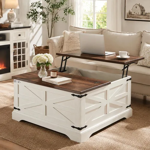 Miniatura 8 de JXQTLINGMU Farmhouse - Mesa auxiliar elevable con gran almacenamiento, mesa cuadrada de madera de 36 pulgadas con compartimento oculto, mesa