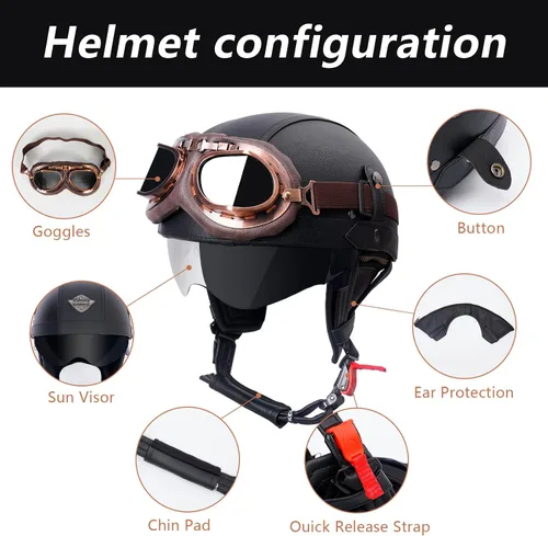 Miniatura 3 de Casco de motocicleta de cuero de estilo alemán, aprobado por DOT, casco vintage de media cara con gafas y visera oculta, media carcasa